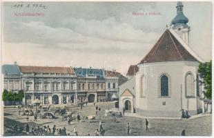 Kézdivásárhely, Targu Secuiesc; Fő tér, templom, piac, Wertan testvérek, K. Csiszár József és Zalaváry Béla üzlete. Turóczi István kiadása / main square, church, market, shops