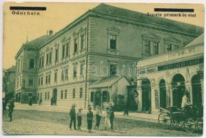 1940 Székelyudvarhely, Odorheiu Secuiesc; Scoala primara de stat / iskola, Gáspár Ferenczné, Papp Zakor Endre üzlete. Erdélyi Simon 1748. (W.L. ?) / school, shops (EK) + "1940 Székelyudvarhely visszatért" So. Stpl