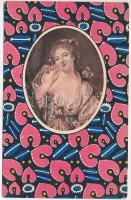 Art Nouveau lady. Stoff-Reproduktion, B.K.W.I. Serie V. Wiener Werkstätte, Stoffmuster-Entwurf von W. Jonas (Rb)