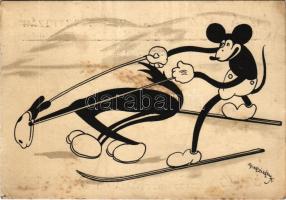 Síelő Mickey egér, téli sport. Klösz korai Disney képeslap. Hátoldalon Izsák József rt. vegyészetigyár reklám / Mickey Mouse skiing, winter sport. Early Hungarian Disney postcard s: Bisztriczky (fl)