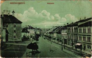 1917 Besztercebánya, Banská Bystrica; Mátyás tér, Fried Ignác, Papp Gyula és Társa üzlete. Machold F. kiadása / square, shops (lyukak / pinholes)