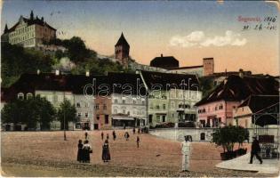 1916 Segesvár, Schässburg, Sighisoara; Fő tér, Lingner és Girscht üzlete, Steinbrucher Bier Quelle, sör csarnok / main square, beer hall, shops (EK)