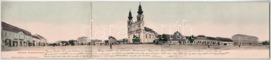 1904 Erzsébetváros, Dumbraveni; Fő tér, Marton György, Balogh Károly, Szentpétery K. üzlete, templom. Scholtes A. kiadása. 3-részes kihajtható panorámalap / main square, shops, church. 3-tiled folding panoramacard (r)