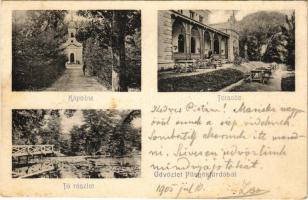 1905 Püspökfürdő, Szentlászlófürdő, Baile 1 Mai (Nagyvárad, Oradea); kápolna, tó, szálloda terasza. Helyfi László kiadása / chapel, lake, hotel terrace (fl)