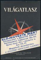 1959 "Világatlasz - Előjegyezte már?", Magyar Könyv Kereskedelmi Vállalat - Kartográfiai Vállalat Budapest, kisplakát / villamosplakát, apró lapszéli szakadással, 23,5x16 cm