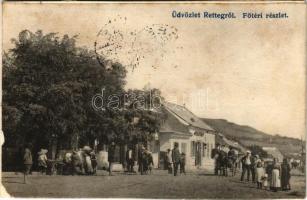 1940 Retteg, Reteag; Fő tér, piac, Leon Antal üzlete / main square, market, shop (r) + "1940 Dés visszatért" So. Stpl