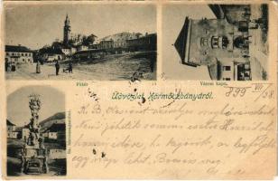 1899 (Vorläufer) Körmöcbánya, Kremnitz, Kremnica; Fő tér, Városi kapu, Szentháromság szobor / main square, gate, Trinity statue (EK)