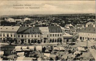 1910 Karánsebes, Caransebes; látkép, piac, gyógyszertár, Franz Strauss, Georg Metzger, Grünberger S. Géza, Eperjesy üzlete / general view, market, pharmacy, shops