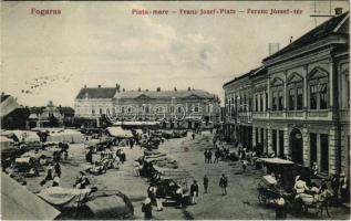 1913 Fogaras, Fagaras; Piata mare / Franz Josef-Platz / Ferenc József tér, piac, szálloda, kávéház és étterem. Jer. Preda kiadása / square, market, hotel, café and restaurant (fa)