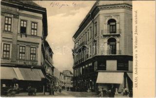 1903 Arad, Andrássy tér, Weitzer János utca, Központi Divatáruház / square, street view, fashion store