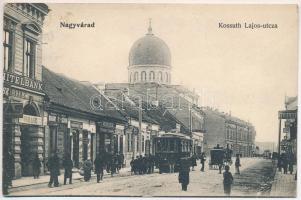 1910 Nagyvárad, Oradea; Kossuth Lajos utca, zsinagóga, Hitelbank, Verő Ede üzlete, villamos / street view, synagogue, bank, shops, tram (ázott sarkak / wet corners)