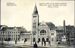 Pozsony with Hotel Szarvas, church and a monument