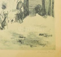 Bozsik István (1941-2006): Havas udvar. Rézkarc, papír, jelzett, üvegezett fakeretben, egy apró folt...