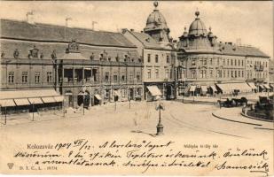 1904 Kolozsvár, Cluj; Mátyás király tér, Reményik L. és fiai, Jeney Lajos, Böckel üzlete / square, shops (fl)