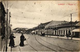 1917 Budapest IV. Újpest, Árpád út, Lövy Ármin fiai, Neufeld üzlete, villamos (fl)