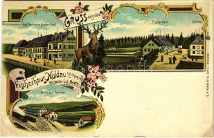 Moldava, Moldau i. Böhmen; Gasthaus zum Fischerhaus, Zollamt, Bahnhof / guest house, railway station, deer, floral, litho (r)