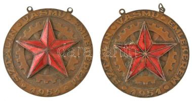1951. Kohászati Miniszter - Sztálin Vasmű Emlékérem részben zománcozott, bronzozott Fe kitüntetés medallion része (2x) T:VF