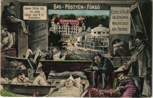 1918 Pöstyén-fürdő, Kúpele Piestany; Ékkeli szállás idegeneknek. Humoros montázs. Kiadja Kohn Bernát / Humorous montage with spa guests (fl)