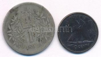 Vegyes: Ausztria 1894. 1K Ag "Ferenc József" + Kanada 1965. 10c Ag "II. Erzsébet"...