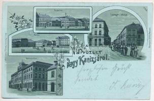 1900 Nagykanizsa, Csengeri utca, Deák és Fő tér, Városháza. Alt és Böhm kiadása, ezüstös floral, Art Nouveau, litho (vágott / cut)