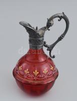 Antik likőrös készlet. Vésett réz lábas tálcán, ón és üveg karaffa, hozzá 4 db festett üveg pohár, a...