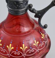 Antik likőrös készlet. Vésett réz lábas tálcán, ón és üveg karaffa, hozzá 4 db festett üveg pohár, a...