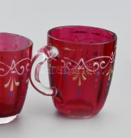 Antik likőrös készlet. Vésett réz lábas tálcán, ón és üveg karaffa, hozzá 4 db festett üveg pohár, a...