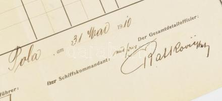 1910 Az S.M.S. Franz Ferdinand kimutatása az 1910 májusában fedélzetre lépett személyekről. A paranc...