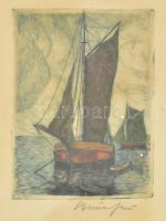 Kron Jenő (1882-1974): Vitorlás. Színes rézkarc, papír, jelzett. Üvegezett fakeretben. 12x9,5 cm
