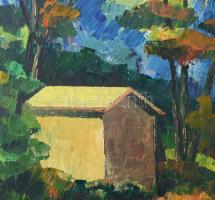 FB monogram jelzéssel jobbra lent (Fegyó Béla?): Horgásztanya. Olaj, farost. Dekoratív fakeretben. 4...