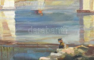 Olvashatatlan (Turán?) jelzéssel: Óbuda, Hajógyári sziget, emelőhíd, 1961. Olaj, vászon. Dekoratív f...