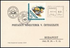 1963 A Postaügyi Miniszterek V. értekezletére készült levelezőlap a Budapest 114. posta levélfelvevő automatája által nyomtatott 60f díjjeggyel, POSTAKEZELÉS GÉPESÍTÉSI ÉS ÚJÍTÓKIÁLLÍTÁS alkalmi bélyegzéssel. A szakirodalomban ismert, de rendkívül ritka darab!!! Certificate: Glatz
