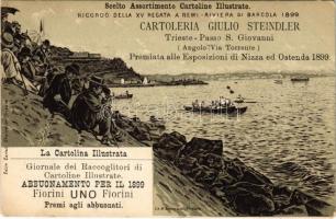 (Vorläufer) Scelto Assortimento Cartoline Illustrate. Ricordo della XV Regata a Remi-Riviera di Barcola 1899 - Cartoleria Giulo Steindler, Trieste, Passo S. Giovanni. Premiata alle Esposizioni di Nizza ed Ostenda 1899 / Emlék a 15. evezős versenyről - Olasz litho képeslap és kiadó reklámja / Italian stationery's advertisement s: N. Zanardini (Rb)