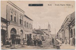 Balázsfalva, Blasendorf, Blaj; Strada Regina Maria / Mária királyné útja, üzletek. Vasúti Levelezőlapárúsítás 136. / street view, shops