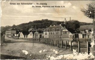 Sövénység, Schweischer, Fiser (Kőhalom, Reps, Rupea); Ev. Schule, Pfarrhaus und Kirche A. B. / evangélikus iskola, paplak és templom. Josef Briegel Photograph / Lutheran school, parish and church (felületi sérülés / surface damage)