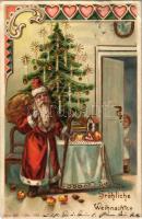 Fröhliche Weihnachten / Christmas greeting art postcard with Saint Nicholas. Art Nouveau, golden, litho (szakadás / tear)