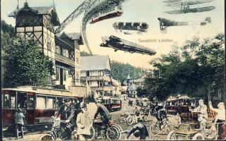 Tusnádfürdő in the future with hanging train, trams, zeppelins, motorcycles, automobiles (EK)