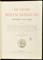 1900 Die Pariser Weltausstellung in Worth und Bild. Szerk.: Dr. Geoerg Malkowsky. Berlin, 1900., Kirchhoff &amp; C., XVI+500 p. Német nyelven. Nagyon gazdag fekete-fehér képanyaggal, több magyar vonatkozásúval: Zsolnay, vadászat, méhészet, lótenyésztés, militária stb.. Kiadói aranyozott, kissé kopott egészvászon-kötés, utolsó 12 oldal hiányzik.