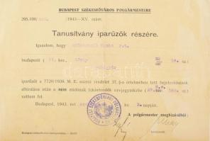 1943 "Nem zsidó" részére kiállított iparűzési tanúsítvány