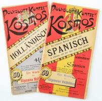 cca 1890-1900 Polyglott Kuntze's Kosmos, 2 db útiszótár: Spanisch (spanyol), Holländisch (holland). Berlin, Polyglott Kuntze's ,,Kosmos" Sprachwissenschaftlicher Verlag, 84 p., 66 p. Német nyelven. Kiadói tűzött papírkötés, kis sérülésekkel.