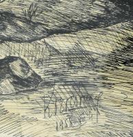 Olvashatatlan jelzéssel: Házikó a patak mentén. Tus, papír. Üvegezett fakeretben. 48×35 cm