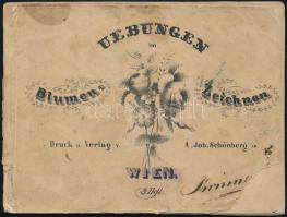 cca 1880 Uebungen im Blumen-Zeichnen. Druck u. Verlag v. A. Joh. Schönberg, Wien. 7 db litografált képpel (hiányos). Kiadói papírkötés, sérült, foltos, a borító sarkán kisebb hiánnyal.