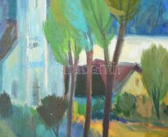 Szamosvári József (1931-): Táj. Olaj, vászon, jelzés nélkül. Hátoldalán Képcsarnok Vállalat címkéjév...