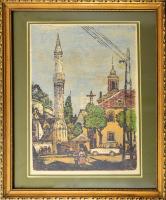 Réti Mátyás (1922-2002): Eger. Színes linómetszet, papír, jelzett, üvegezett fakeretben, 40×28 cm