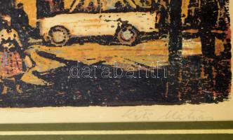 Réti Mátyás (1922-2002): Eger. Színes linómetszet, papír, jelzett, üvegezett fakeretben, 40×28 cm