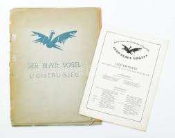 cca 1920-1930 "Der blaue Vogel", német színházi előadás(ok) jeleneteit, szereplőit, díszleteit ábrázoló 5 db fotónyomat, sérült mappában, 32x25,5 cm + Russisch-Deutsches Theater - Der blaue Vogel prospektus, német nyelvű, 4 p.