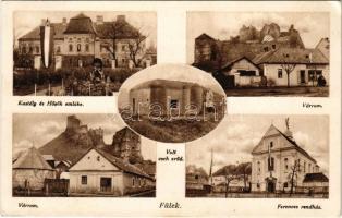 1939 Fülek, Filakovo; Stefani kastély, Hősök emléke, Országzászló, Volt cseh erőd (betonbunker), várrom "Mindent vissza!" irredenta propaganda felirattal, Ferences rendház / castle, military monument, Hungarian flag, Czech concrete bunker, castle ruins with irredenta propaganda, Franciscan monastery