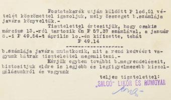 1937 ,,Salgó" Likőr és Rumgyár, Salgótarján Üzleti Levelező-lap