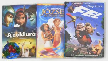 3 db mesefilm DVD: Disney-Pixar: Fel; DreamWorks: József, az álmok királya; A zöld urai. Kettő bontatlan fóliában.