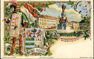 Arad Liberty statue and soldier figure with Hungarian flag litho